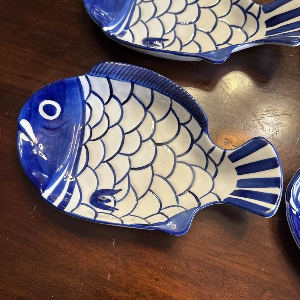 Vintage 90s Dansk Arabesque Fish Bowl Serving Platter Plate Blue & White Set 4